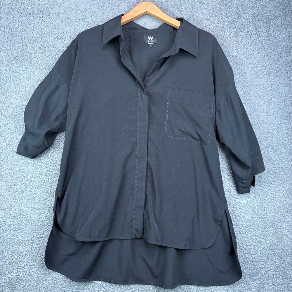 W By Worth Black Button Down High Low Tunic Blouse Size 14 Pocket Roll Tab
